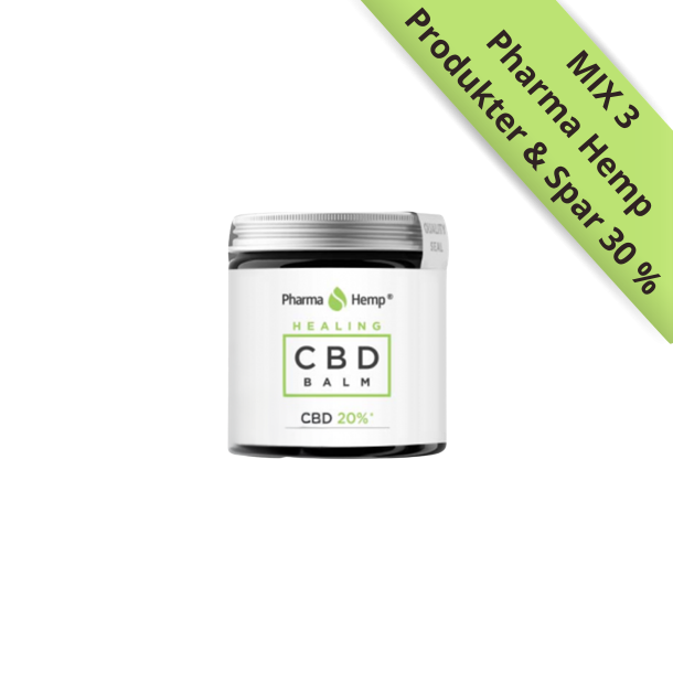 Pharma Hemp Healing CBD Balm 20% hvid krukke med s�lvl�g og gr�nne detaljer, vist p� en m�rk tr�overflade med kakaob�nner ved siden af hos Helseservice.