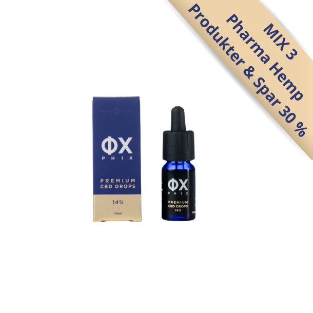 PHIX Premium Drops i en m�rkebl� 10ml �ske med guld detaljer og en m�rkebl� glaskrukke ved siden af hos Helseservice.