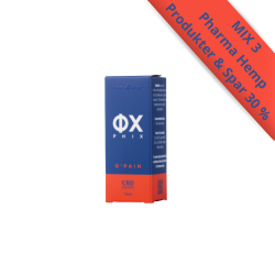 PHIX O'Pain Drops Premium Olie i en m�rkebl� 10ml �ske med et orange b�lte og et lysegr�nt MIX 3 tilbudsbanner hos Helseservice.