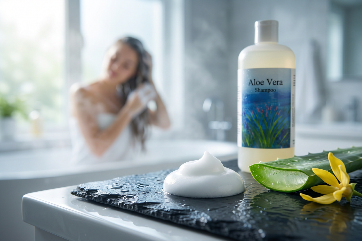 R�mer Aloe Vera Shampoo 500 ml med impressionistisk maleri af aloe vera planter