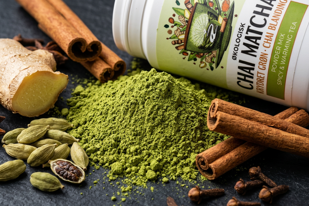 R�mer �kologisk Chai Matcha 100g krukke pr�senteret p� sort baggrund � krydret gr�n te blanding hos Helseservice.