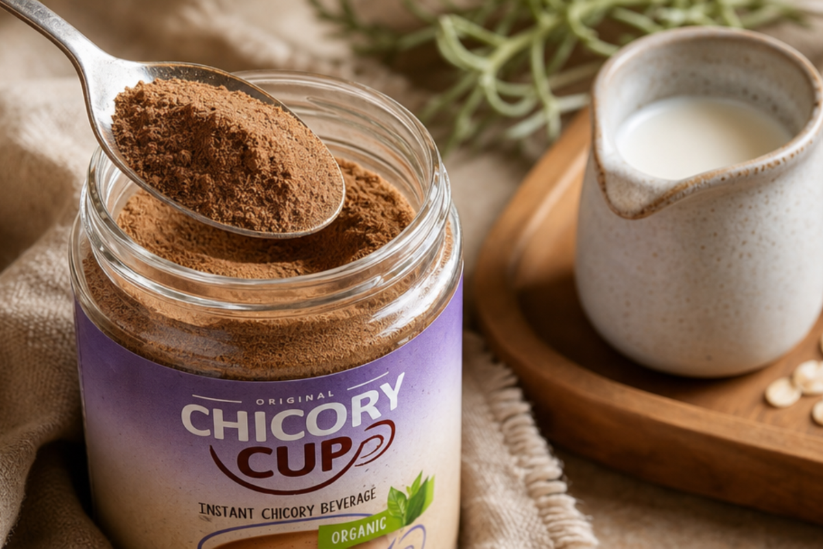 Chicory Cup �kologisk Kaffealternativ 100g instant cikoriedrik pr�senteret i glasemballage hos Helseservice.