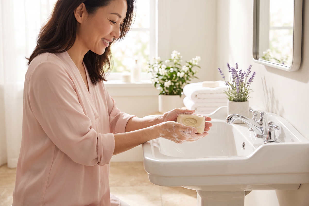 Klassisk Fransk Rosens�be 100g fast s�bebar med pr�get tekst