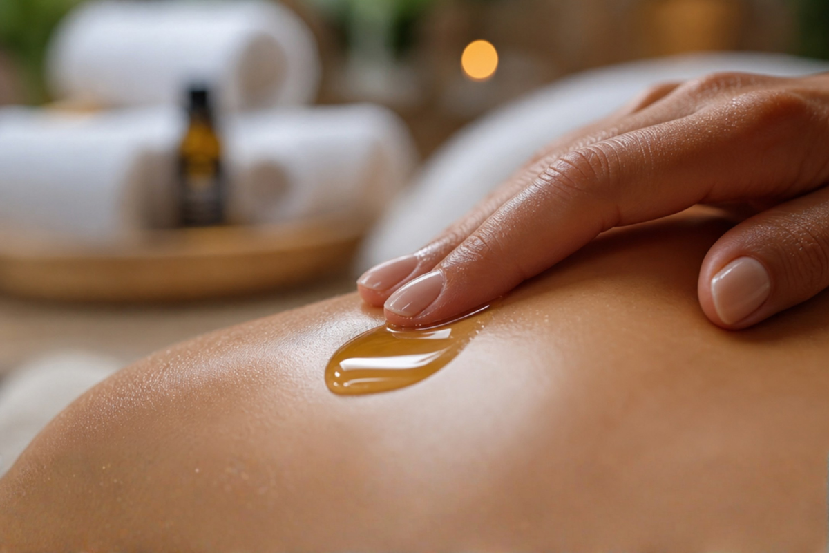 R�mer Jojoba Massageolie 100 ml flaske pr�senteret p� sort baggrund � naturlig kropspleje hos Helseservice.