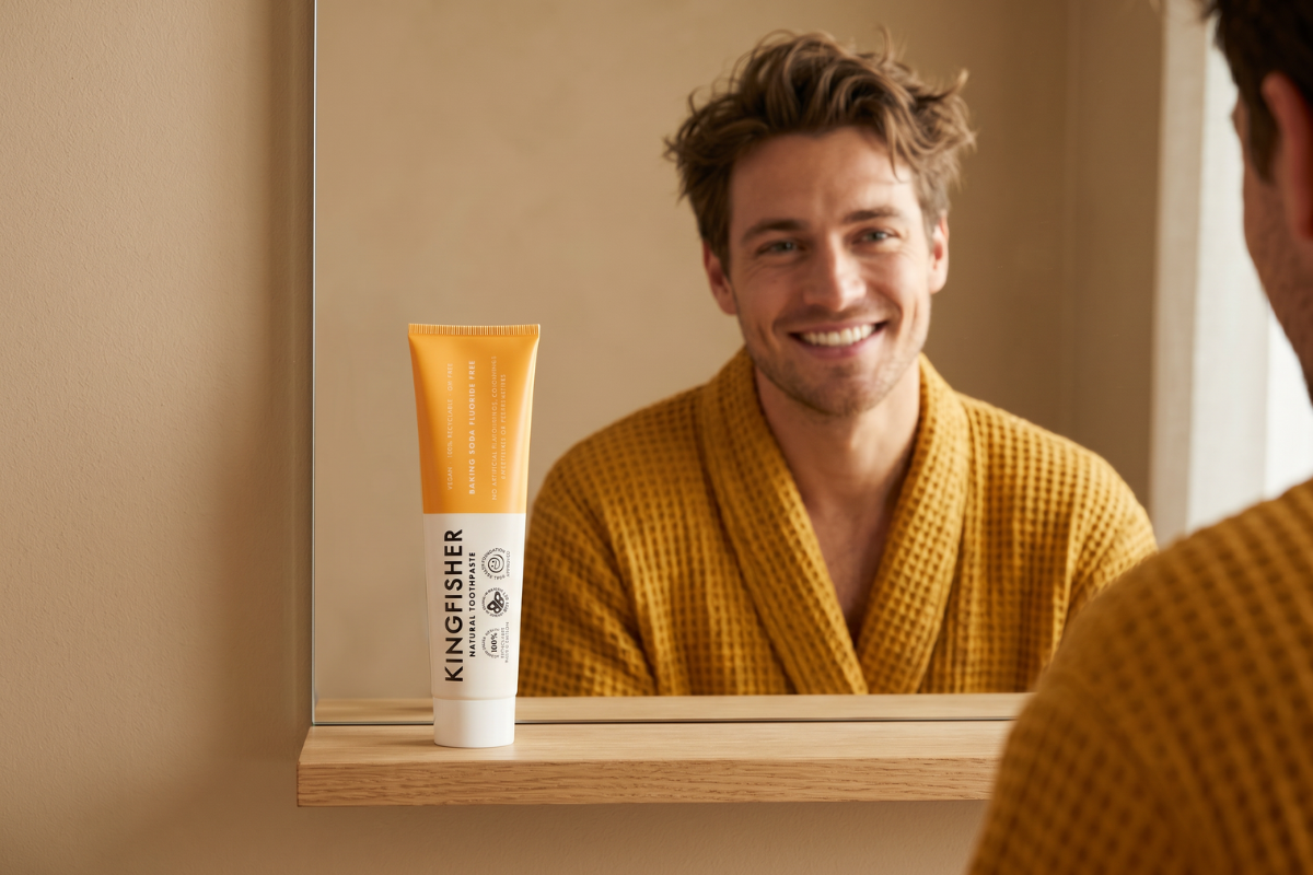 Den karakteristiske orange og hvide tube samt �ske med Kingfisher Natural Toothpaste. �sken fremviser tydeligt logoet for 'Oral Health Foundation Approved' samt teksten 'Baking Soda Fluoride Free'.