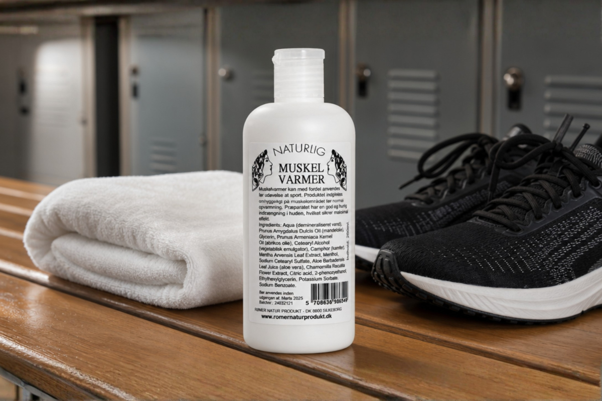 R�mer Muskelvarmer 250 ml hvid flaske med praktisk doseringsl�g pr�senteret hos Helseservice.