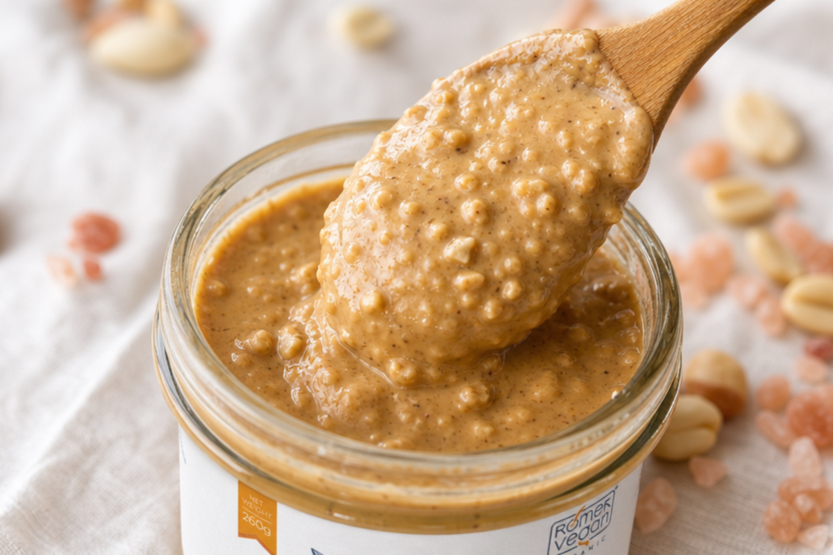 R�mer Peanutbutter Crunchy �kologisk 260g i glas med dansk produktion fra Mols pr�senteret.
