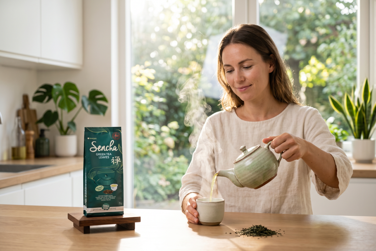 TerraSana �kologisk Sencha Gr�n te 75g l�s v�gt i gr�n pose med japansk design