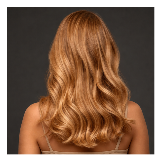 Illustration af det forventede farveresultat med R�mer Henna Kobberblond, der viser en sund h�rpagt med gyldne, varme refleksioner og spejlblank glans.