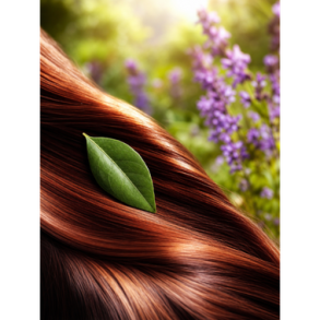 Stemningsfuld illustration af naturlig h�rfarvning med Henna-blade og urteekstrakter i lilla og dybe brune nuancer, der symboliserer sundhed og glansfuldt h�r hos Helseservice.