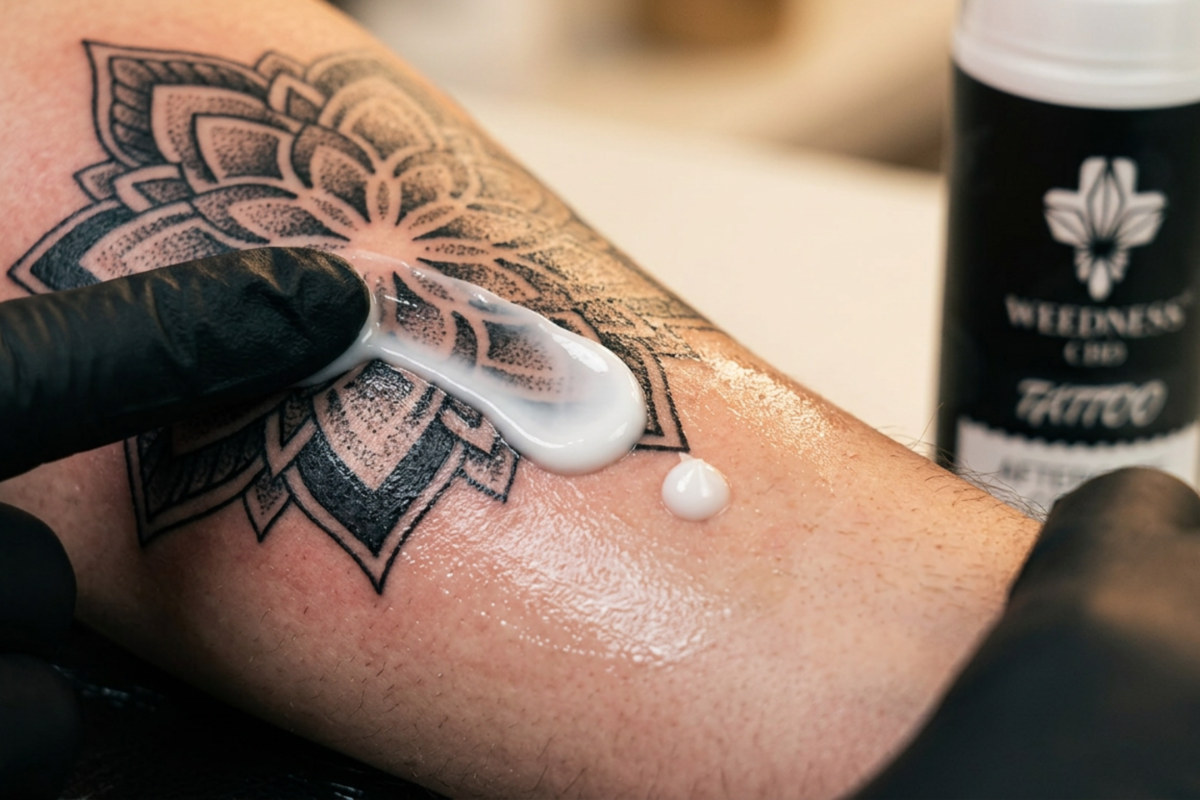 Weedness CBD Tattoo Aftercare Cream 100ml � Reparationscreme med 1000mg CBD pr�senteret i luksus omgivelser