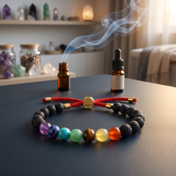 Chakra- og lavastensarmb�ndet med den r�de lykkesnor, smukt pr�senteret p� en m�rk stenplade ledsaget af en flaske �terisk olie og blid r�gelse.