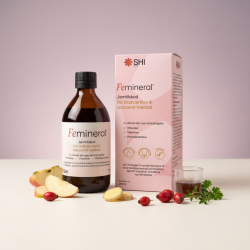 SHI Femineral 200 ml med �ske, m�leb�ger, �ble, ingef�r og hyben