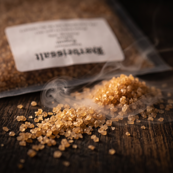 Makrobillede af rav-farvede, r�gfyldte og sm�kornede saltkrystaller, der ligger p� et m�rkt, rustikt egetr�sbr�t indhyllet i bl�d hvid r�g.