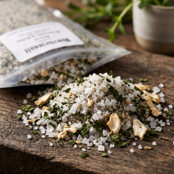 Makrobillede af store, pyramideformede saltkrystaller, der reflekterer lyset, blandet med gr�nne flager af br�nden�lde.