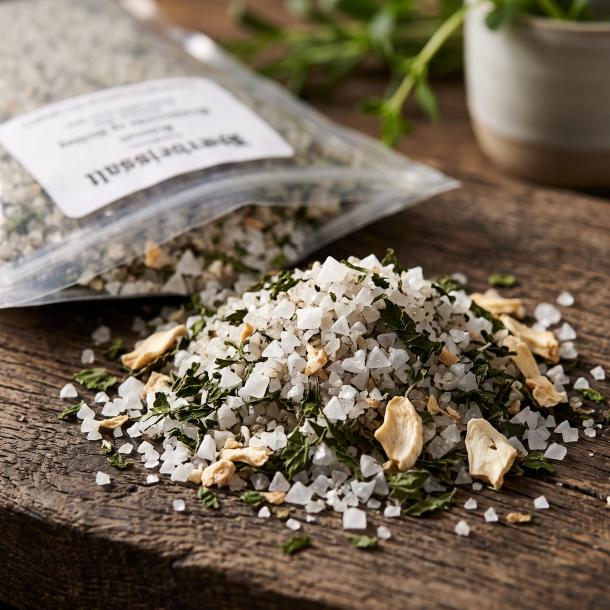 Makrobillede af store, pyramideformede saltkrystaller, der reflekterer lyset, blandet med gr�nne flager af br�nden�lde.