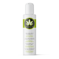 Hemphilia �kologisk CBD og Hamp Massageolie 100 ml. Hvid og gr�n flaske til krop, ansigt og hovedbund.