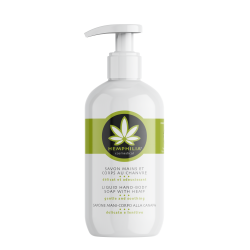 Hemphilia �kologisk Hand-Body Soap 300 ml. Hvid pumpeflaske med gr�n etiket og hamp-logo.