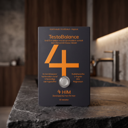 N�rbillede af den eksklusive, m�rkegr� �ske med 4HIM TestoBalance st�ende p� en r� stenbordplade i et maskulint, moderne badev�relse.