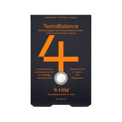 En m�rkegr� �ske med 4HIM TestoBalance, 60 tabletter. �sken har et stort orange 4-tal og tekst, der fremh�ver zink, bukkehornsfr� og magnesium for mandlig vitalitet.