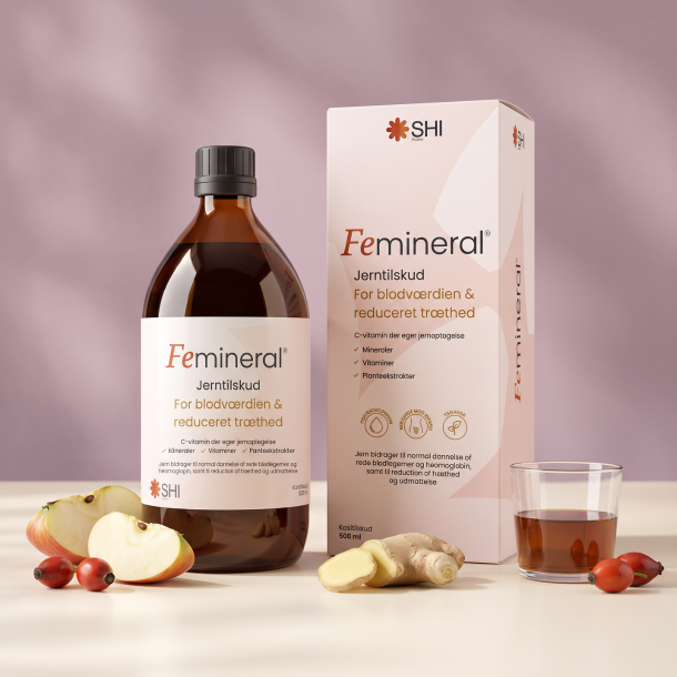 SHI Femineral 500 ml med �ske, glas, �ble, ingef�r og hyben