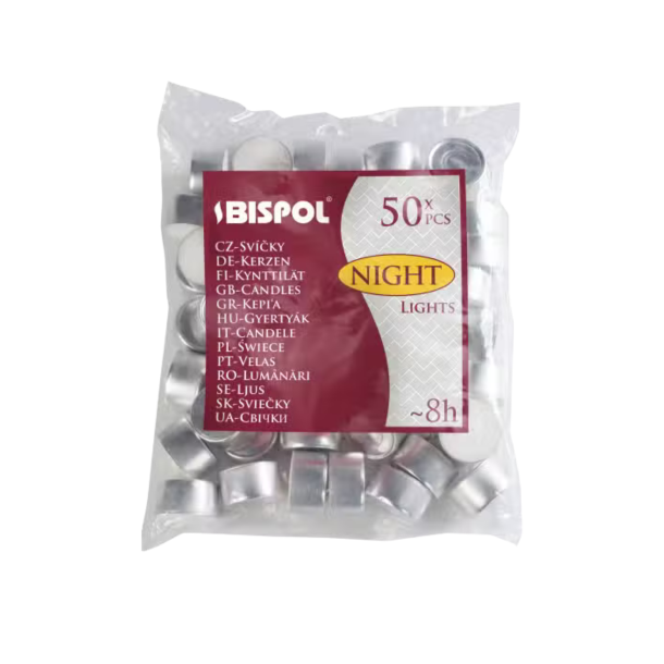 Pose med 50 stk. Bispol uparfumerede fyrfadslys med en lang br�ndetid p� 8 timer.