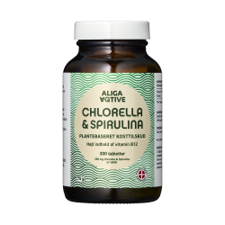 Et brunt medicinglas med hvidt l�g indeholdende 300 Aliga Aqtive Chlorella & Spirulina tabletter. Etiketten har gr�nne b�lgem�nstre og fremh�ver et h�jt indhold af vitamin B12.