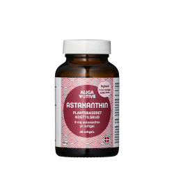 Et brunt medicinglas med hvidt l�g indeholdende 60 Aliga Aqtive Astaxanthin softgels. Etiketten har r�de b�lgem�nstre, fremh�ver en dosis p� 8 mg og b�rer et 'Produceret i Danmark' logo.