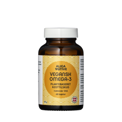 Et brunt medicinglas med hvidt l�g, indeholdende 60 Aliga Aqtive Vegansk Omega-3 softgels. Etiketten er gylden med b�lgem�nstre og et 'Produceret i Danmark' logo.