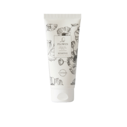 Flowus Sensitive Skin Repair Cream 75 ml. Hvid tube med elegante, sorte botaniske stregtegninger.