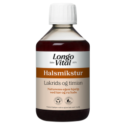 Longo Vital Halsmikstur 250 ml. Flasken er i gennemsigtig, m�rk plast med en hvid og brun etiket, der markerer indeholdet af lakrids og timian.