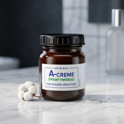 Den originale A-creme i brun glaskrukke pr�senteret p� lyst marmor, omgivet af en hvid bomuldsblomst og rent vand i et minimalistisk, skandinavisk milj�.