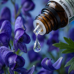 Et ekstremt n�rbillede af en glasklar dr�be, der falder fra den indbyggede dr�bet�ller p� en m�rkegul glasflaske. I den bl�dt sl�rede baggrund anes silhuetten af den smukke, dybe lilla/m�rkebl� Stormhat-blomst (Aconitum). Lyset er skarpt og krystallisk.