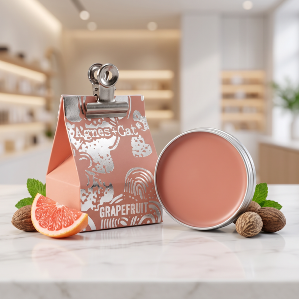 Agnes+Cat l�bebalsam i fersken-rosa emballage anrettet p� lyst marmor ved siden af en frisk skive pink grapefrugt, hvor d�sen er �ben og viser den faste, farvede balsam.