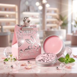 Agnes+Cat l�bebalsam i pastel-rosa emballage anrettet p� lyst marmor, hvor d�sen er �ben og viser den faste, lyser�de balsam indeni.
