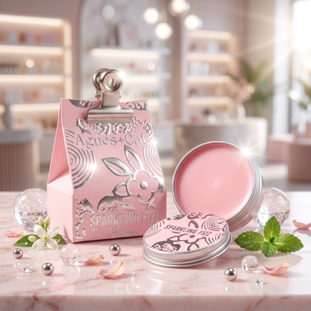 Agnes+Cat l�bebalsam i pastel-rosa emballage anrettet p� lyst marmor, hvor d�sen er �ben og viser den faste, lyser�de balsam indeni.