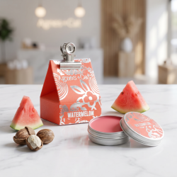 Agnes+Cat l�bebalsam i koralr�d emballage anrettet p� lyst marmor, ledsaget af et frisk stykke vandmelon og sheasm�r i et elegant boutique-milj�.