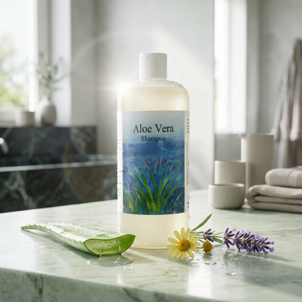 Den store 500ml R�mer Aloe Vera Shampoo pr�senteret p� lysegr�nt marmor, omgivet af en saftig aloe vera gren, kamille og lavendel i et eksklusivt, lyst badev�relse.