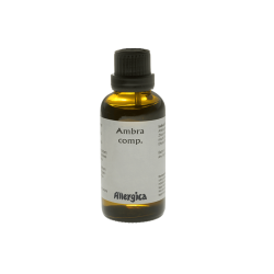 En klassisk m�rkebrun apoteker-glasflaske fra Allergica. Etiketten er stilren og hvid. Flasken indeholder 50 ml Ambra comp. dr�ber og har en praktisk, indbygget dr�bet�ller i toppen.