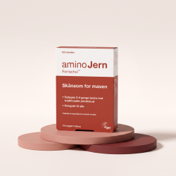 AminoJern 25 mg fra Pharmovital p� lys baggrund &ndash; pakke med 100 tabletter