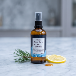 N�rbillede af den ravfarvede Ancient Wisdom rumspray glasflaske, st�ende skarpt p� en kold, gr� marmorplade. En lille, spr�d fyrregren, et dryp gylden karamel og en frisk skive citron ligger �stetisk placeret omkring flasken i et k�ligt, naturligt lys.