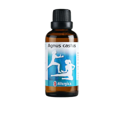 Allergica Agnus castus comp. 50 ml flaske med hvidt m�rkat og violette/gr�nne detaljer. Dansk h�ndpotenseret hom�opati.