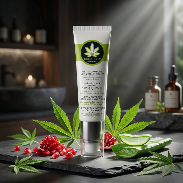 Hemphilia Anti-r�dme creme pr�senteret p� k�ligt marmor omgivet af gr�nne hampeblade, rubinr�de granat�blekerner og lindrende aloe vera i et bl�dt morgenlys.
