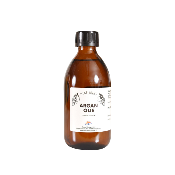 R�mer �kologisk Arganolie 250 ml i klassisk ravfarvet glasflaske med hvid etiket, pr�senteret hos Helseservice.