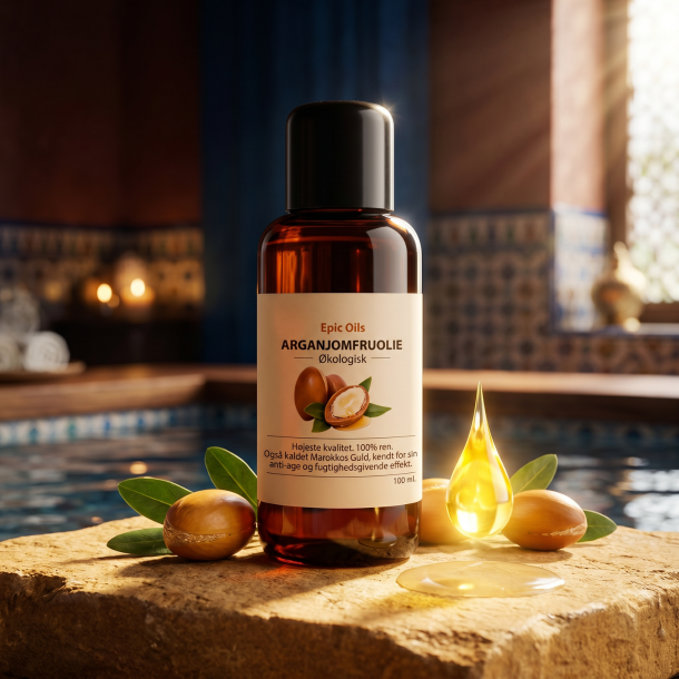 Epic Oils 100% ren arganolie pr�senteret p� varm sandsten omgivet af �gte marokkanske argann�dder og gyldne dr�ber.