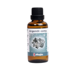 En klassisk m�rkebrun apoteker-glasflaske fra Allergica. Etiketten har en sval, s�lvgr� baggrund med et motiv af en krystallisk s�lvsulfid-sten (Argentite). Flasken indeholder 50 ml dr�ber og har en praktisk, indbygget dr�bet�ller i toppen.