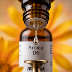 Et krystalklart makrobillede af en vanddr�be, der falder fra den indbyggede dr�bet�ller p� en m�rk ravfarvet glasflaske. Den bl�dt sl�rede baggrund er fyldt med varme, gyldne og solgule nuancer, der mimer de bl�de kronblade fra Guldblommen (Arnica montana). Lyset er klart, opkvikkende og fokuseret.