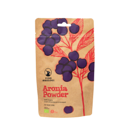 Vibe �kologi Aronia Pulver �KO. En rustik brun papirspose med smukke r�de og lilla illustrationer af friske aroniab�r, der fremh�ver produktets danske, b�redygtige og �kologiske oprindelse.