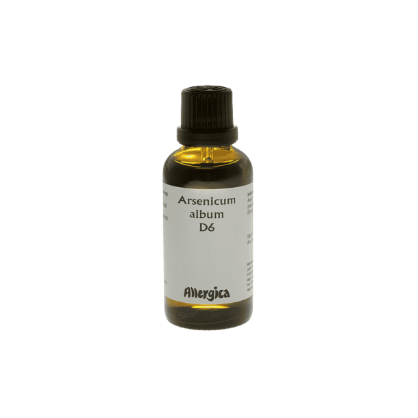 Allergica Arsenicum album D6 50 ml ravgul glasflaske med hvidt skruel�g, pr�cis Allergica-label og integreret dr�bet�ller i flaskehalsen.