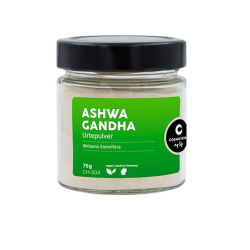 Cosmoveda �kologisk Ashwagandha Urtepulver 70g. Transparent glaskrukke med gr�n etiket til kosmetisk brug.